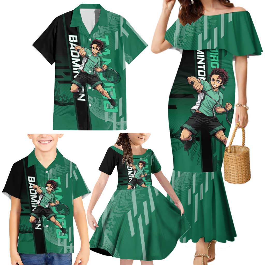 Personalized Tanjiro Badminton Green Action Pose Family Matching Mermaid Dress and Hawaiian Shirt Dynamic Sports Design