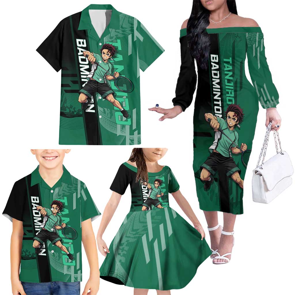Personalized Tanjiro Badminton Green Action Pose Family Matching Off The Shoulder Long Sleeve Dress and Hawaiian Shirt Dynamic Sports Design