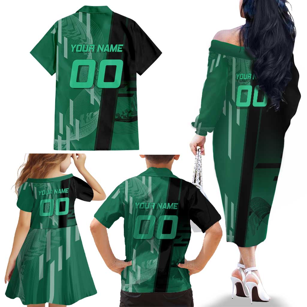 Personalized Tanjiro Badminton Green Action Pose Family Matching Off The Shoulder Long Sleeve Dress and Hawaiian Shirt Dynamic Sports Design
