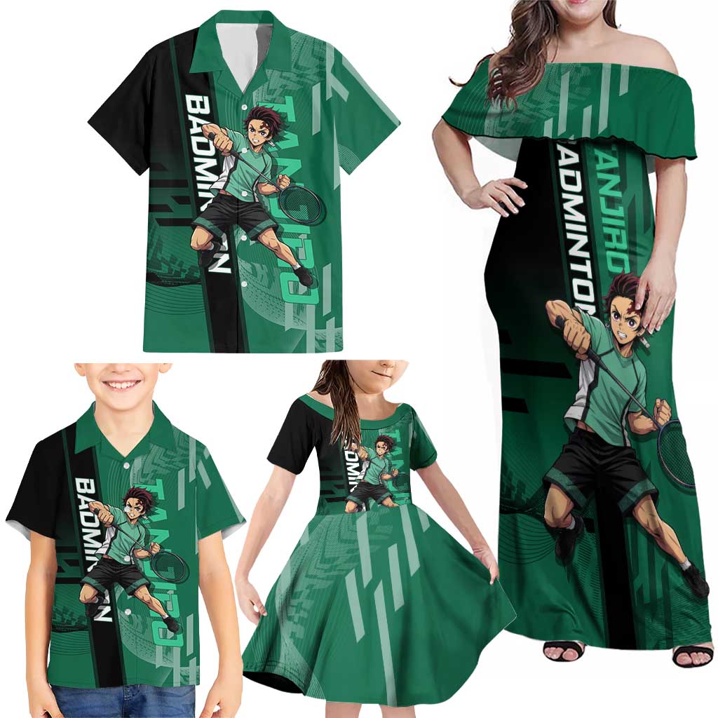 Personalized Tanjiro Badminton Green Action Pose Family Matching Off Shoulder Maxi Dress and Hawaiian Shirt Dynamic Sports Design