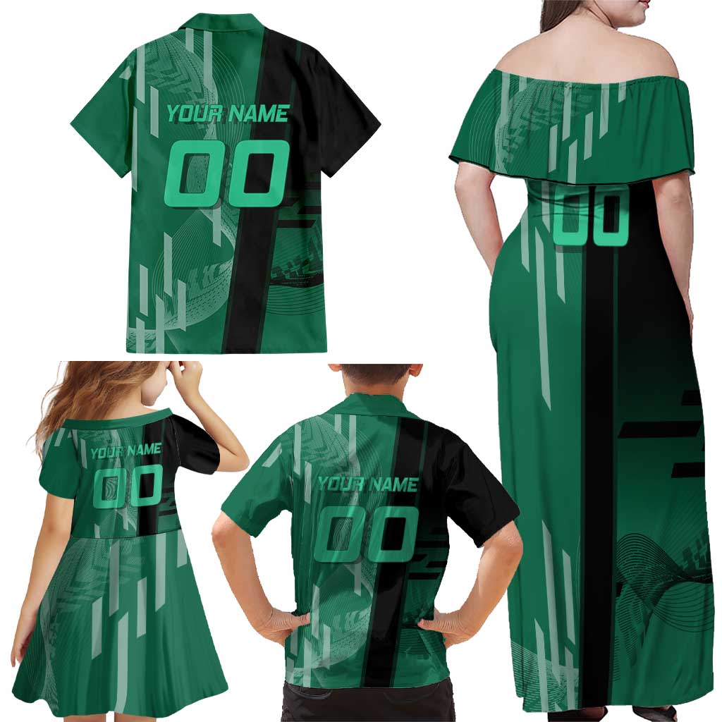 Personalized Tanjiro Badminton Green Action Pose Family Matching Off Shoulder Maxi Dress and Hawaiian Shirt Dynamic Sports Design