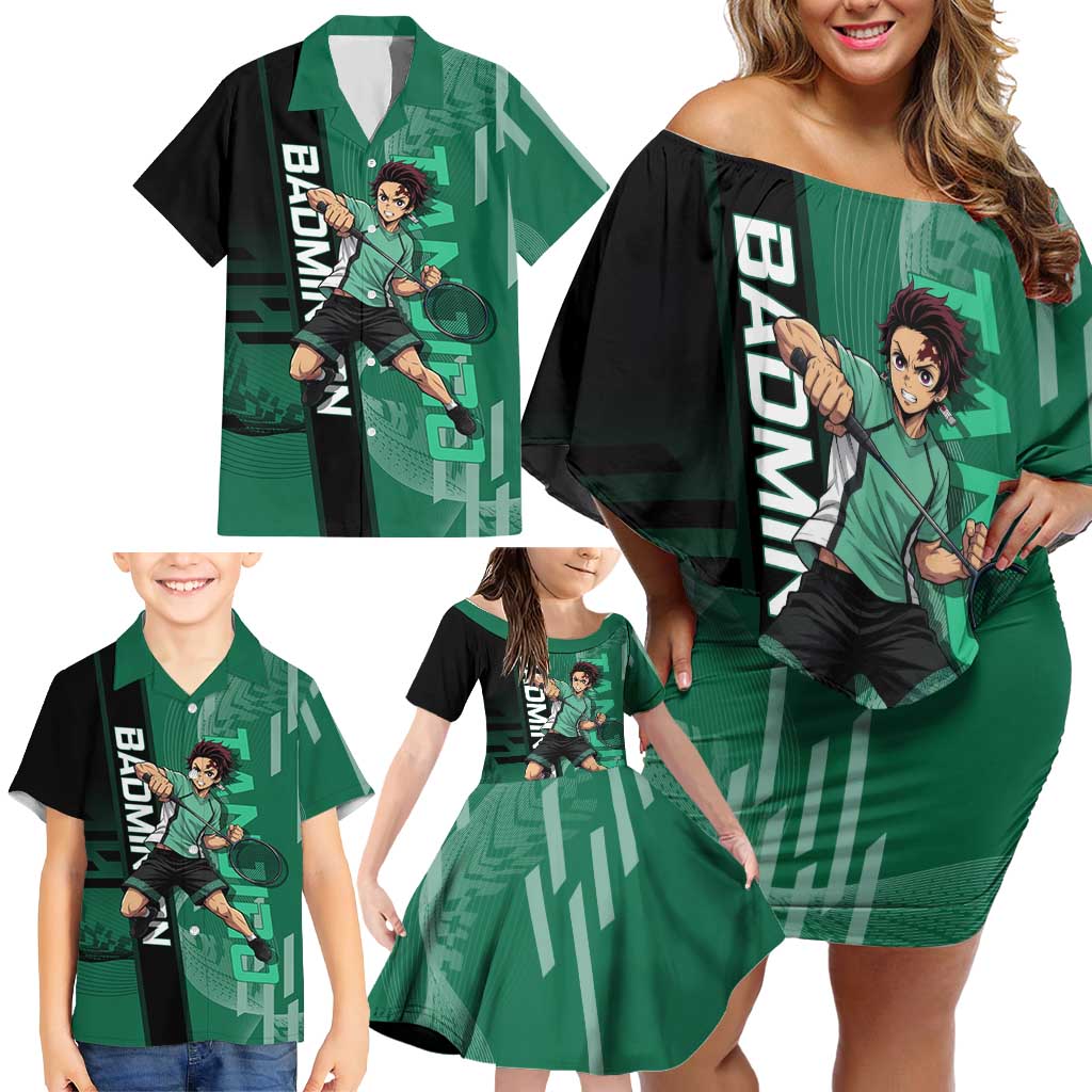 Personalized Tanjiro Badminton Green Action Pose Family Matching Off Shoulder Short Dress and Hawaiian Shirt Dynamic Sports Design