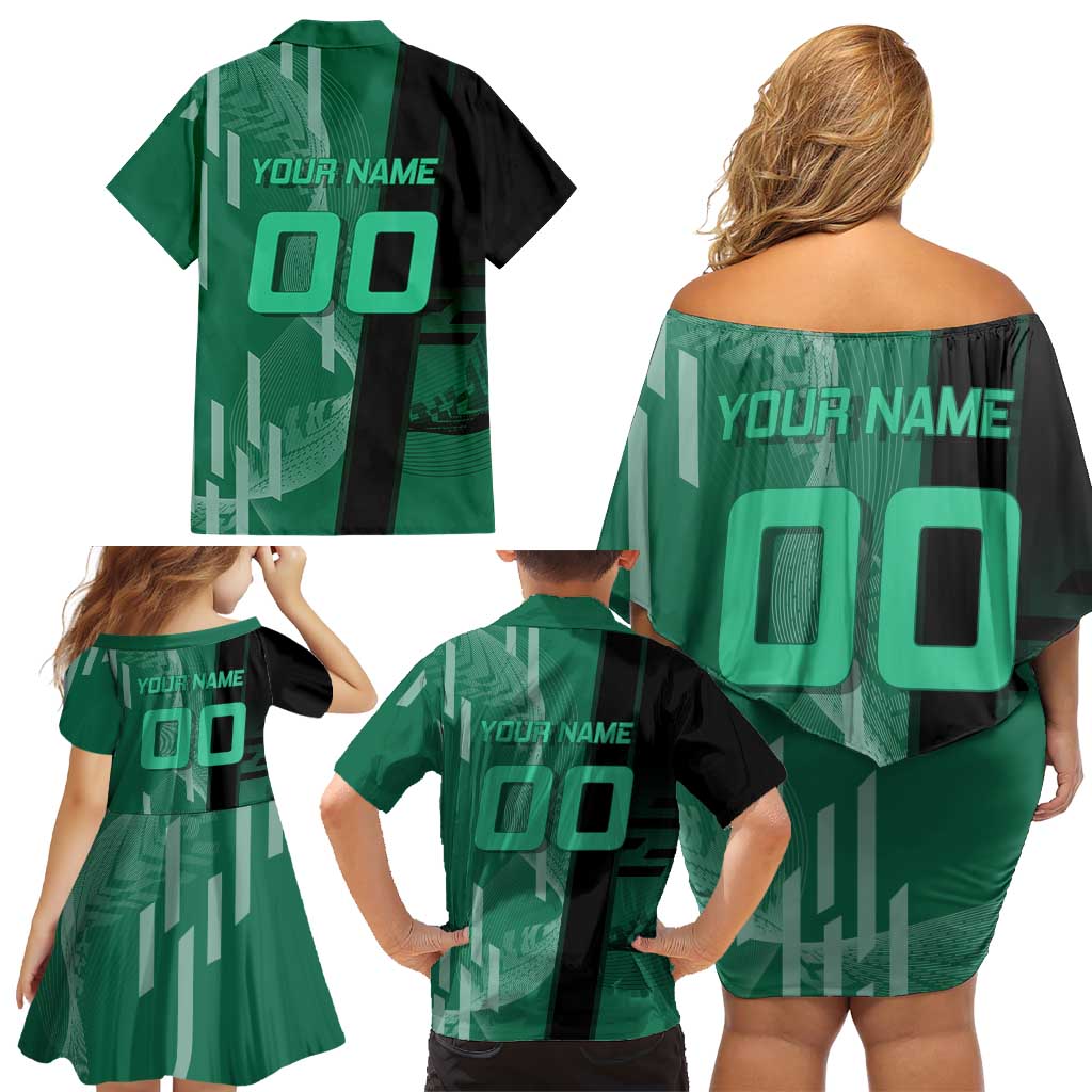 Personalized Tanjiro Badminton Green Action Pose Family Matching Off Shoulder Short Dress and Hawaiian Shirt Dynamic Sports Design