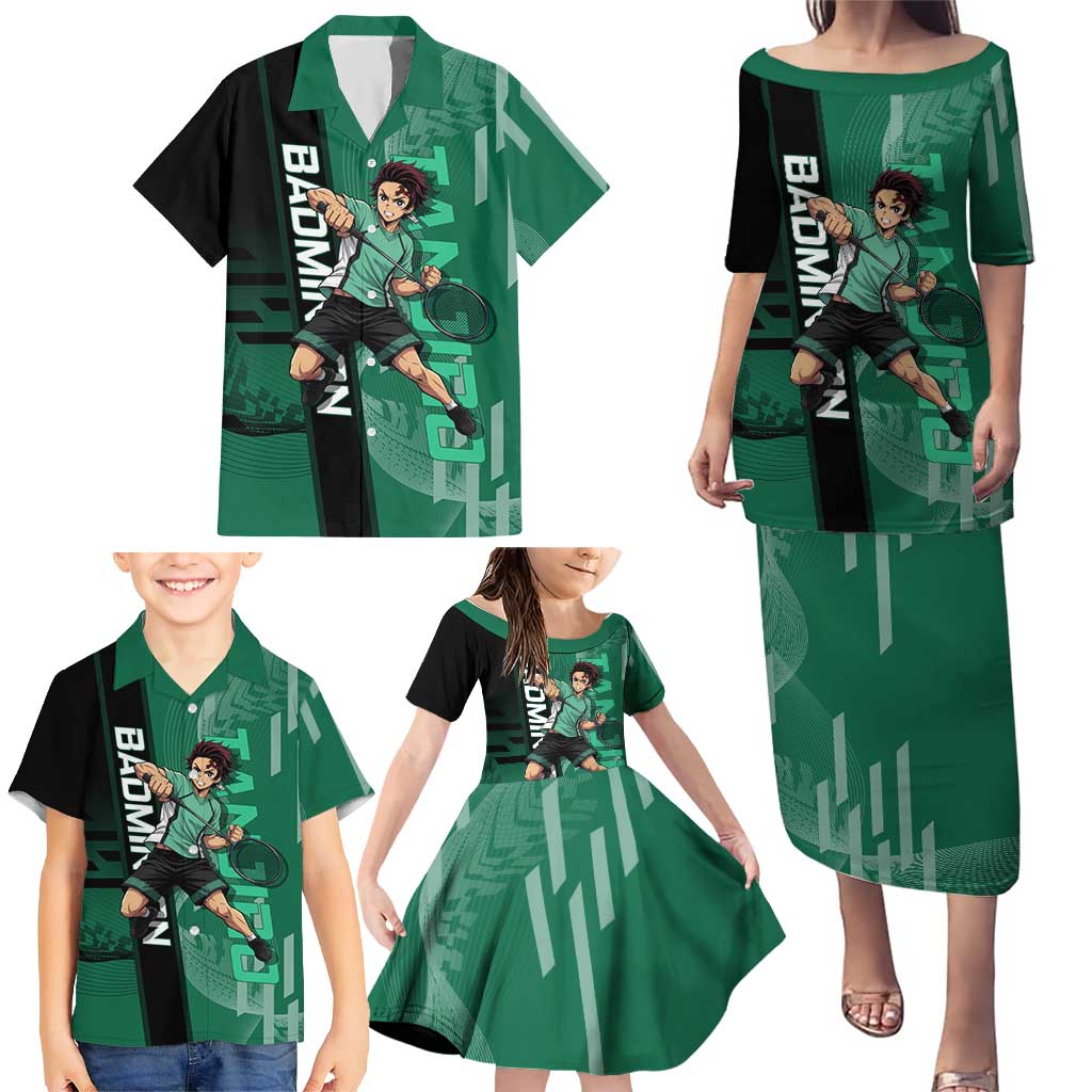 Personalized Tanjiro Badminton Green Action Pose Family Matching Puletasi and Hawaiian Shirt Dynamic Sports Design