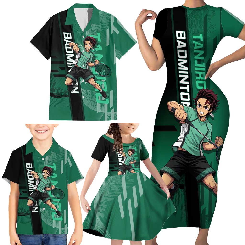 Personalized Tanjiro Badminton Green Action Pose Family Matching Short Sleeve Bodycon Dress and Hawaiian Shirt Dynamic Sports Design
