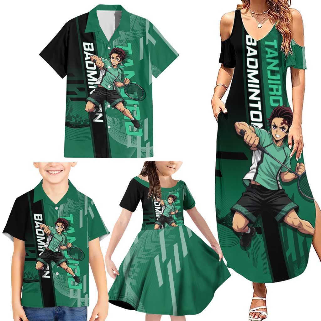Personalized Tanjiro Badminton Green Action Pose Family Matching Summer Maxi Dress and Hawaiian Shirt Dynamic Sports Design