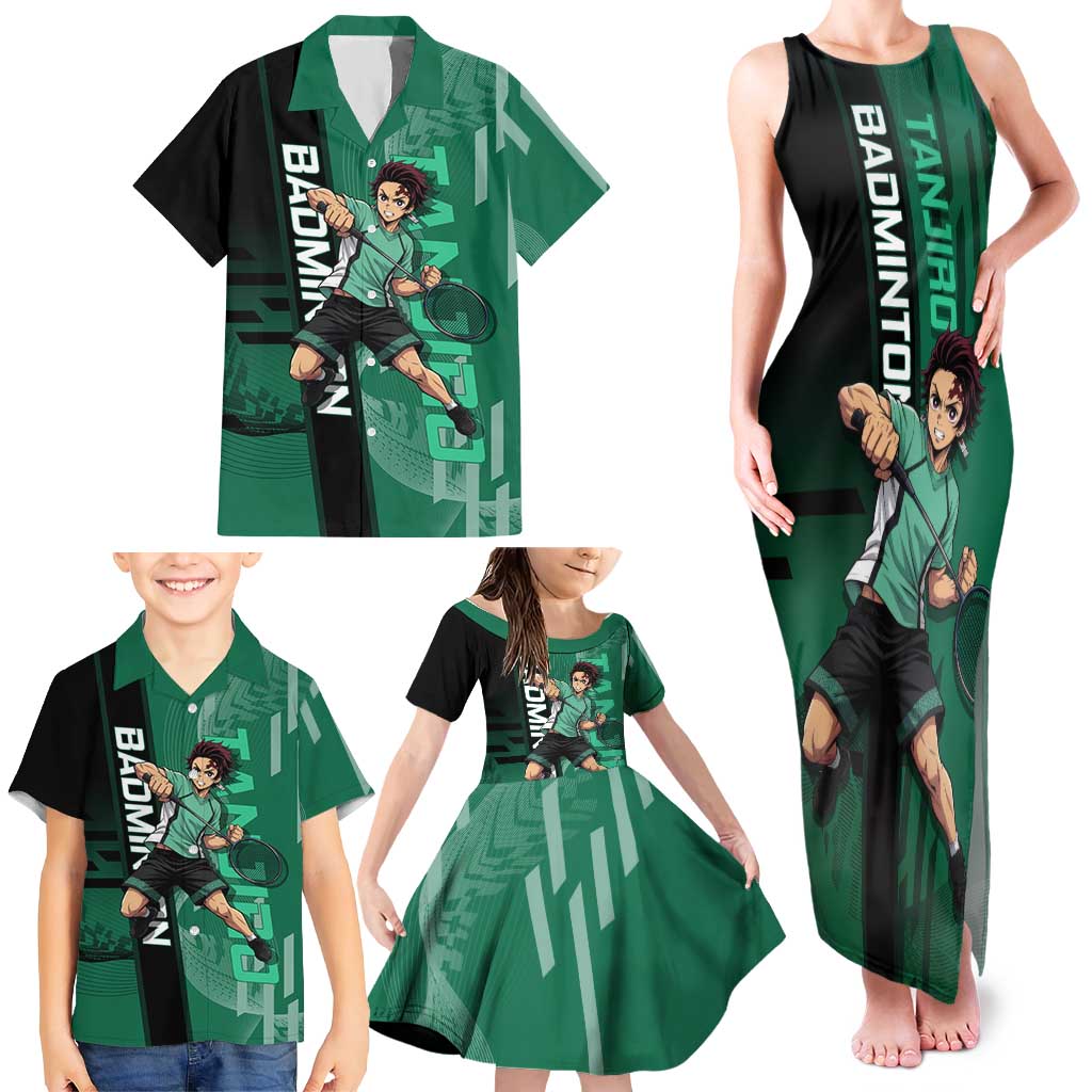 Personalized Tanjiro Badminton Green Action Pose Family Matching Tank Maxi Dress and Hawaiian Shirt Dynamic Sports Design