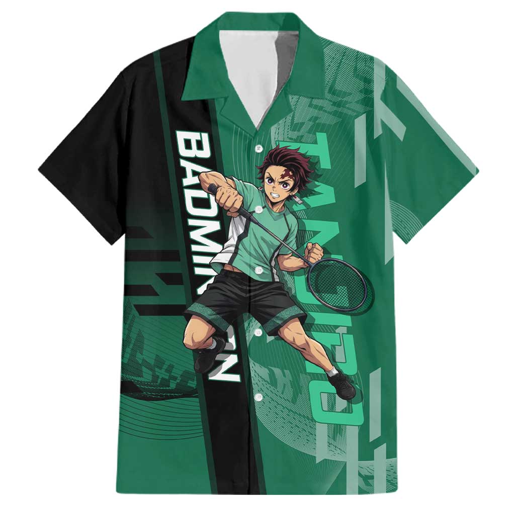 Personalized Tanjiro Badminton Green Action Pose Family Matching Tank Maxi Dress and Hawaiian Shirt Dynamic Sports Design