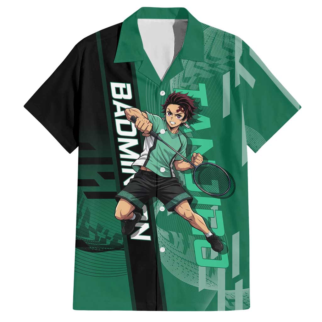 Personalized Tanjiro Badminton Green Action Pose Hawaiian Shirt Dynamic Sports Design - The Mazicc