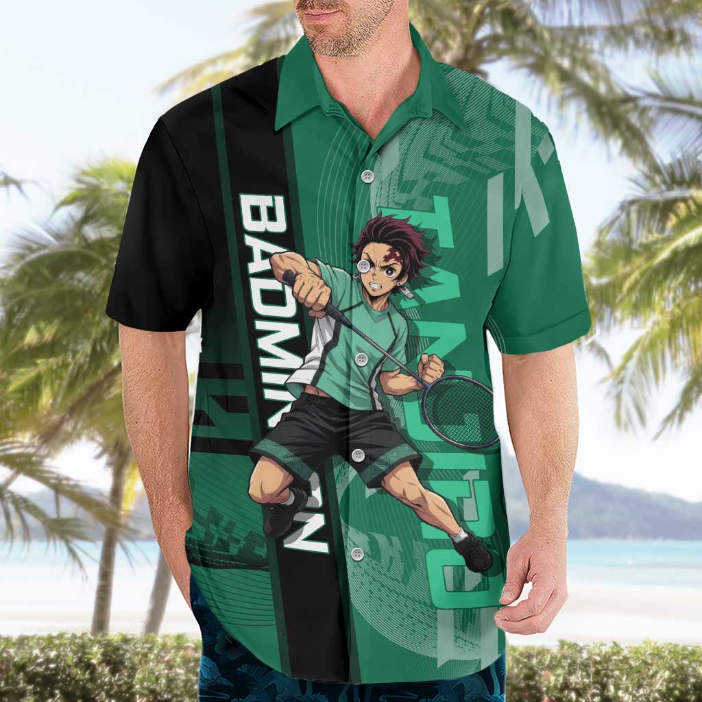 Personalized Tanjiro Badminton Green Action Pose Hawaiian Shirt Dynamic Sports Design - The Mazicc