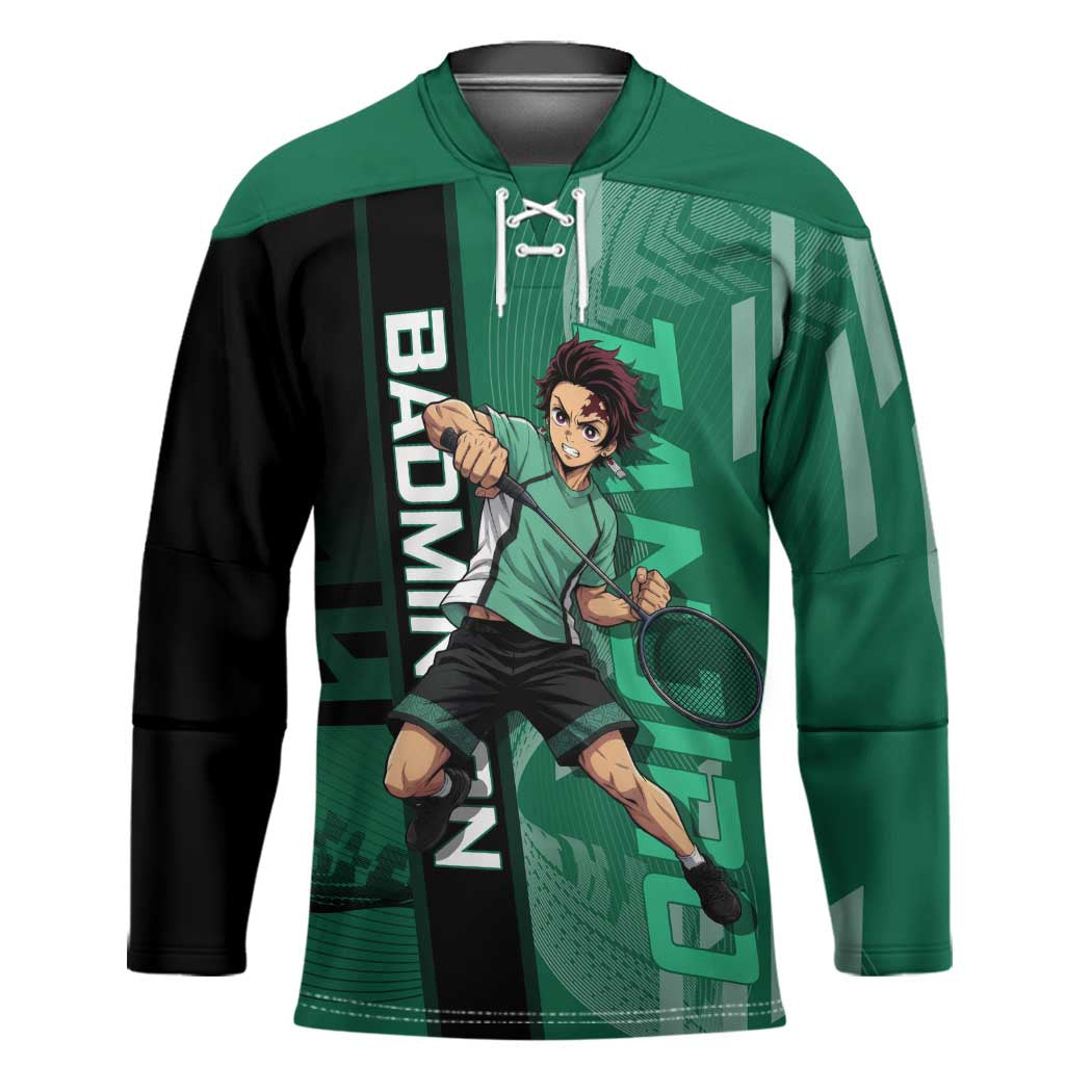 Personalized Tanjiro Badminton Green Action Pose Hockey Jersey Dynamic Sports Design - The Mazicc