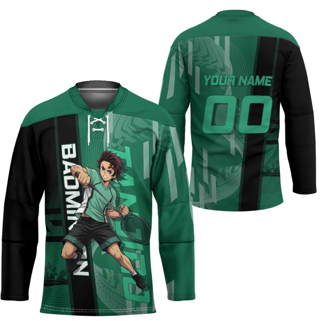 Personalized Tanjiro Badminton Green Action Pose Hockey Jersey Dynamic Sports Design - The Mazicc