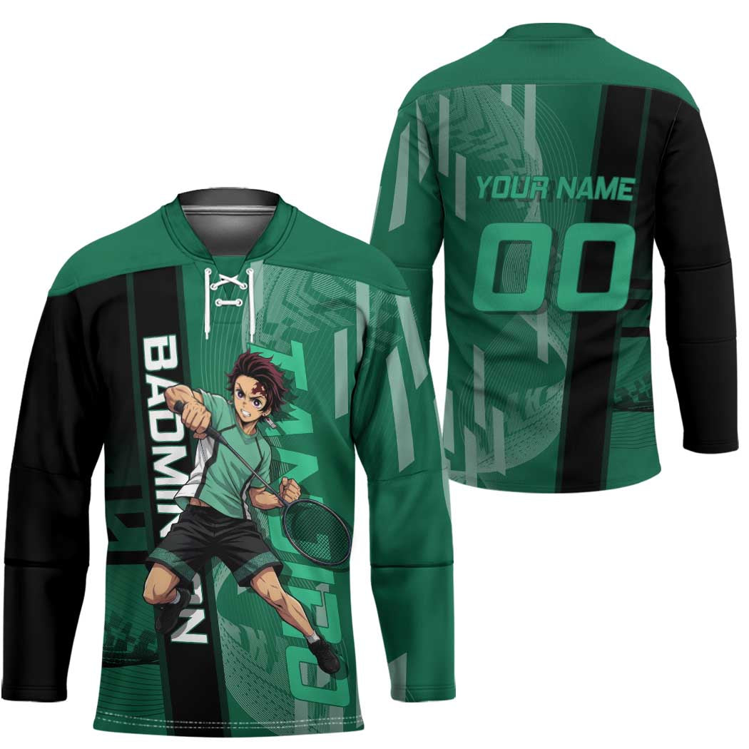 Personalized Tanjiro Badminton Green Action Pose Hockey Jersey Dynamic Sports Design - The Mazicc