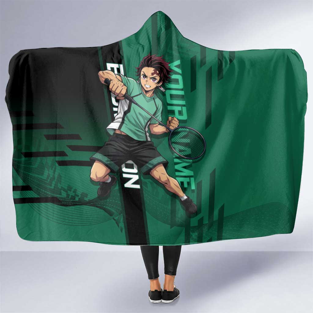 Personalized Tanjiro Badminton Green Action Pose Hooded Blanket Dynamic Sports Design - The Mazicc