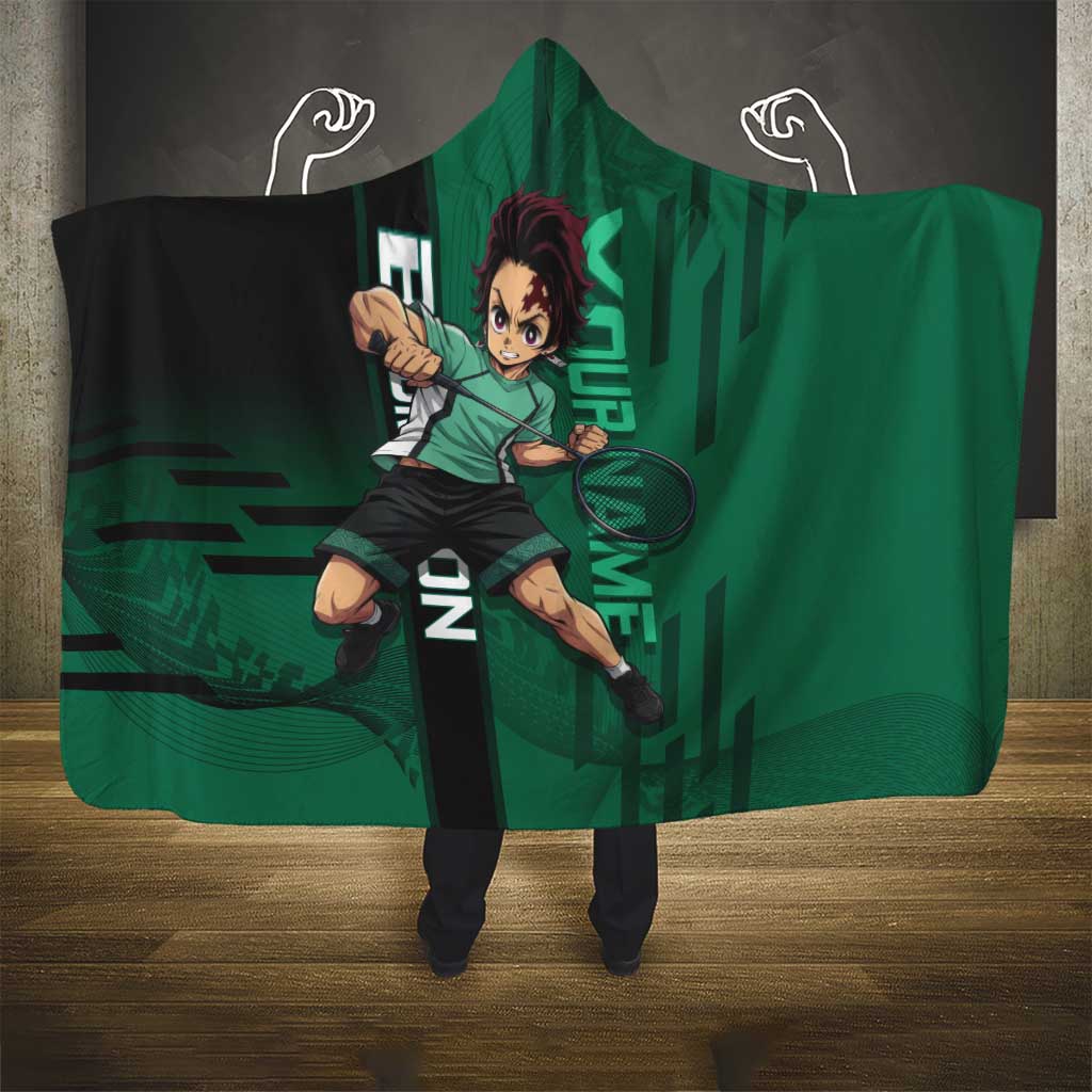 Personalized Tanjiro Badminton Green Action Pose Hooded Blanket Dynamic Sports Design - The Mazicc