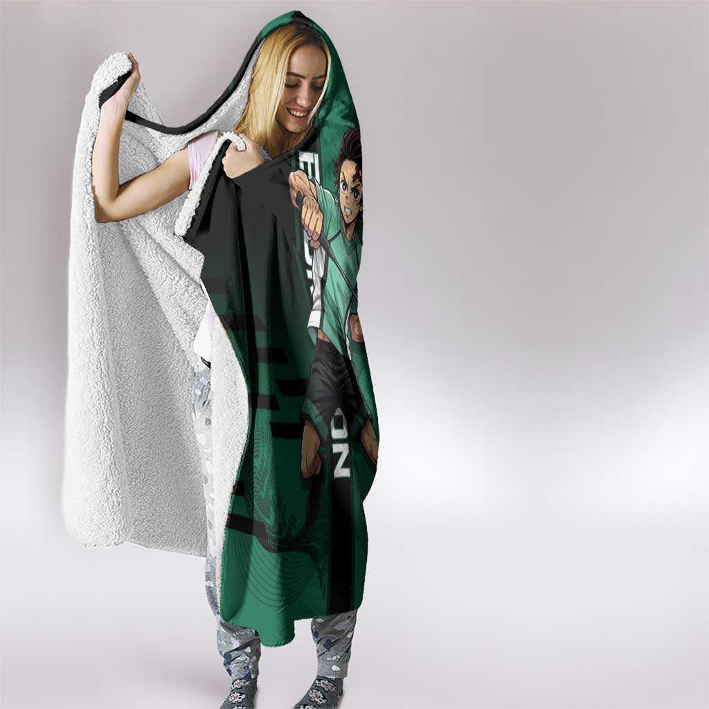 Personalized Tanjiro Badminton Green Action Pose Hooded Blanket Dynamic Sports Design - The Mazicc