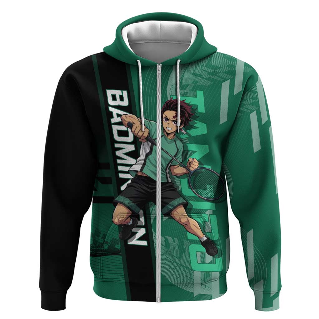 Personalized Tanjiro Badminton Green Action Pose Hoodie Dynamic Sports Design - The Mazicc