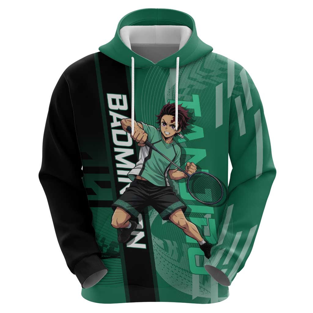 Personalized Tanjiro Badminton Green Action Pose Hoodie Dynamic Sports Design - The Mazicc
