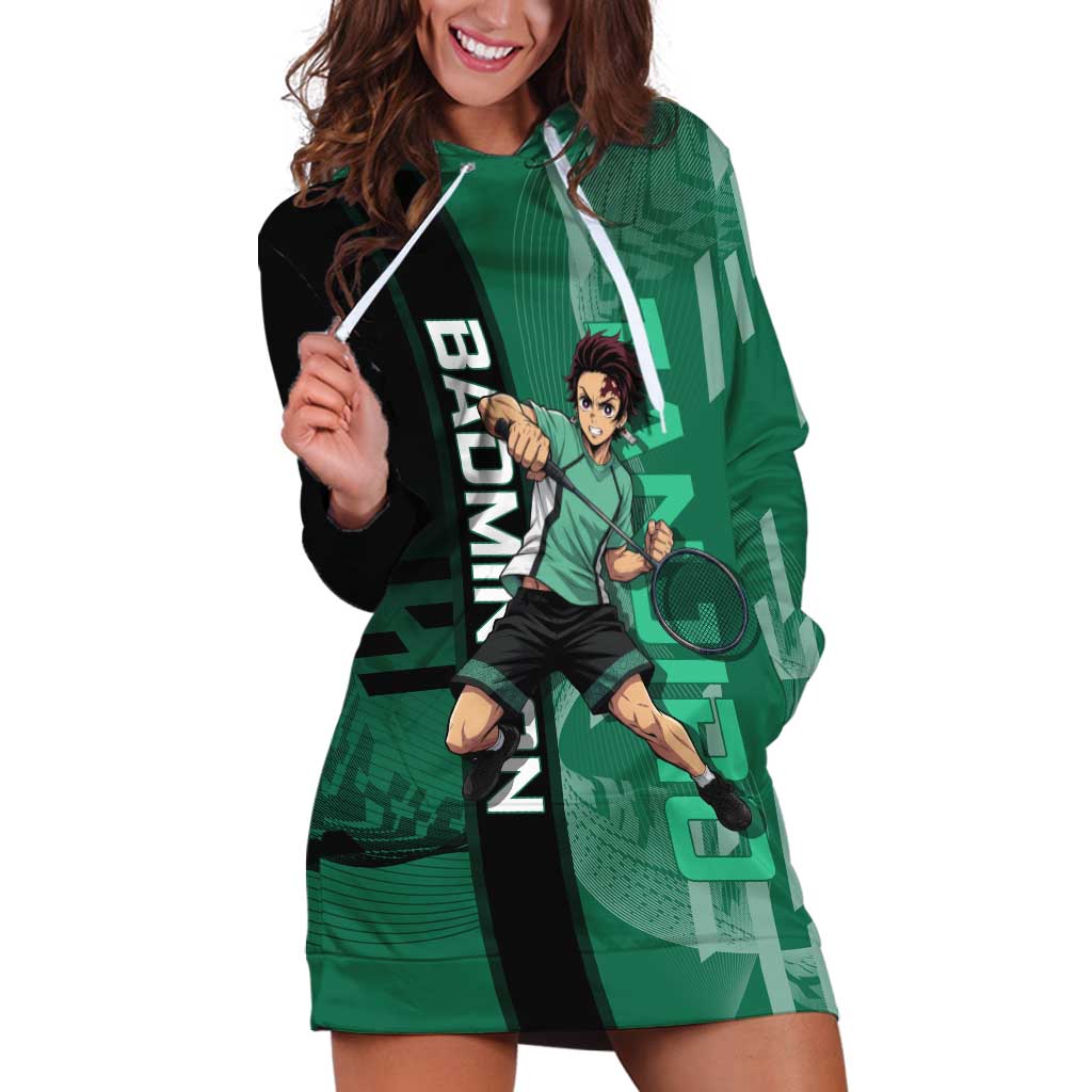 Personalized Tanjiro Badminton Green Action Pose Hoodie Dress Dynamic Sports Design - The Mazicc