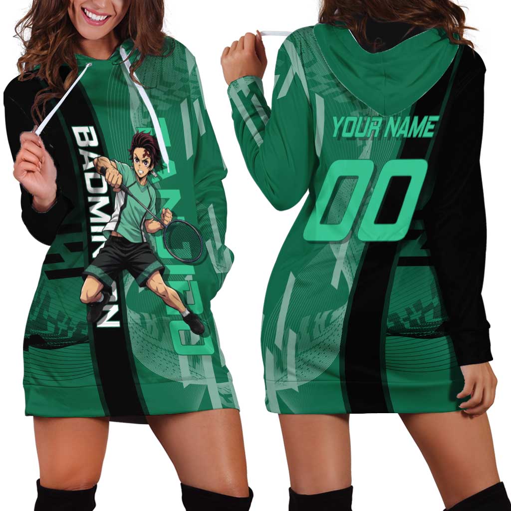 Personalized Tanjiro Badminton Green Action Pose Hoodie Dress Dynamic Sports Design - The Mazicc
