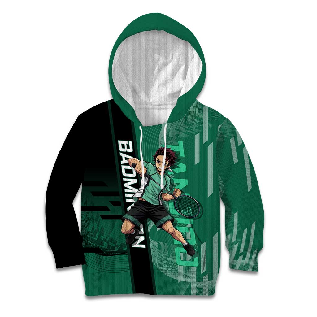 Personalized Tanjiro Badminton Green Action Pose Kid Hoodie Dynamic Sports Design - The Mazicc