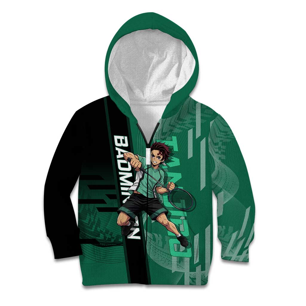 Personalized Tanjiro Badminton Green Action Pose Kid Hoodie Dynamic Sports Design - The Mazicc