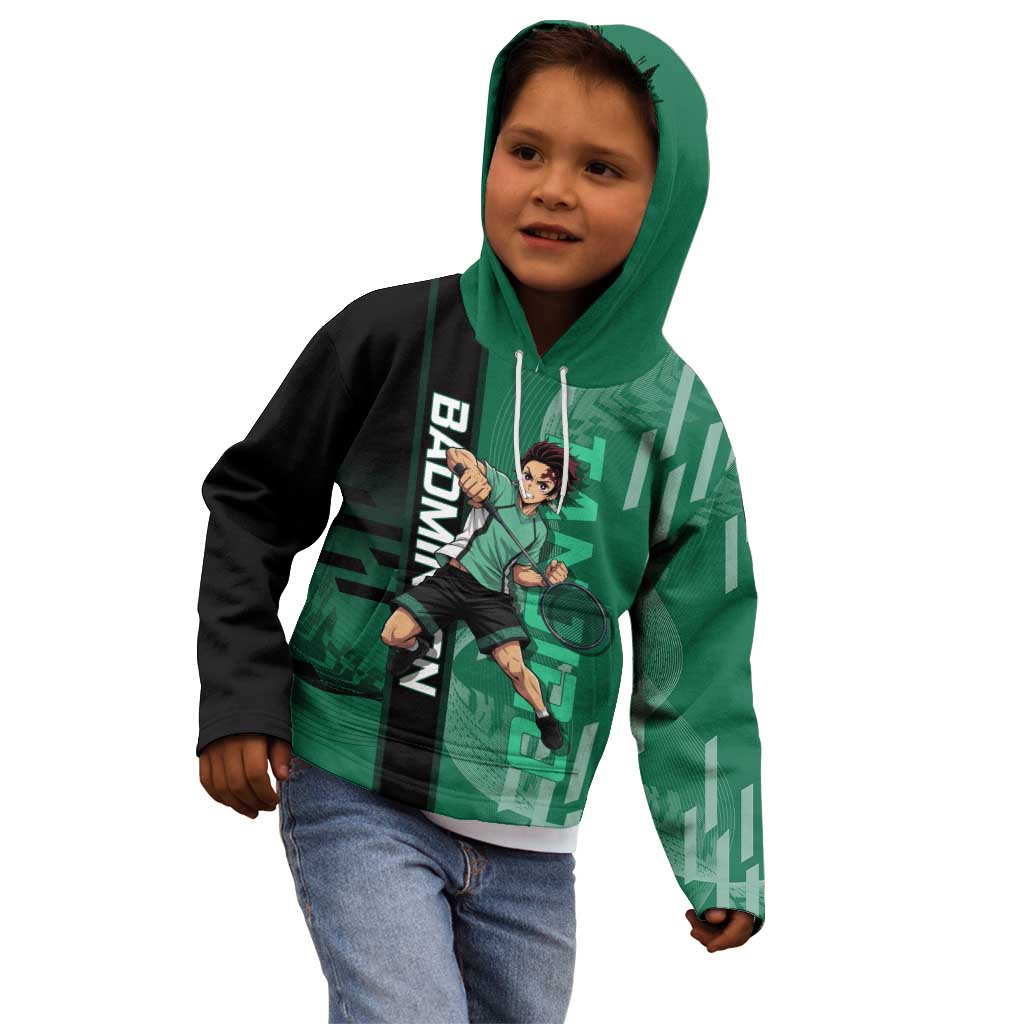 Personalized Tanjiro Badminton Green Action Pose Kid Hoodie Dynamic Sports Design - The Mazicc