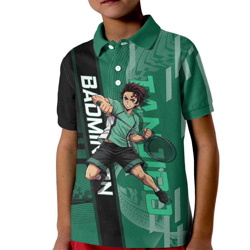 Personalized Tanjiro Badminton Green Action Pose Kid Polo Shirt Dynamic Sports Design - The Mazicc