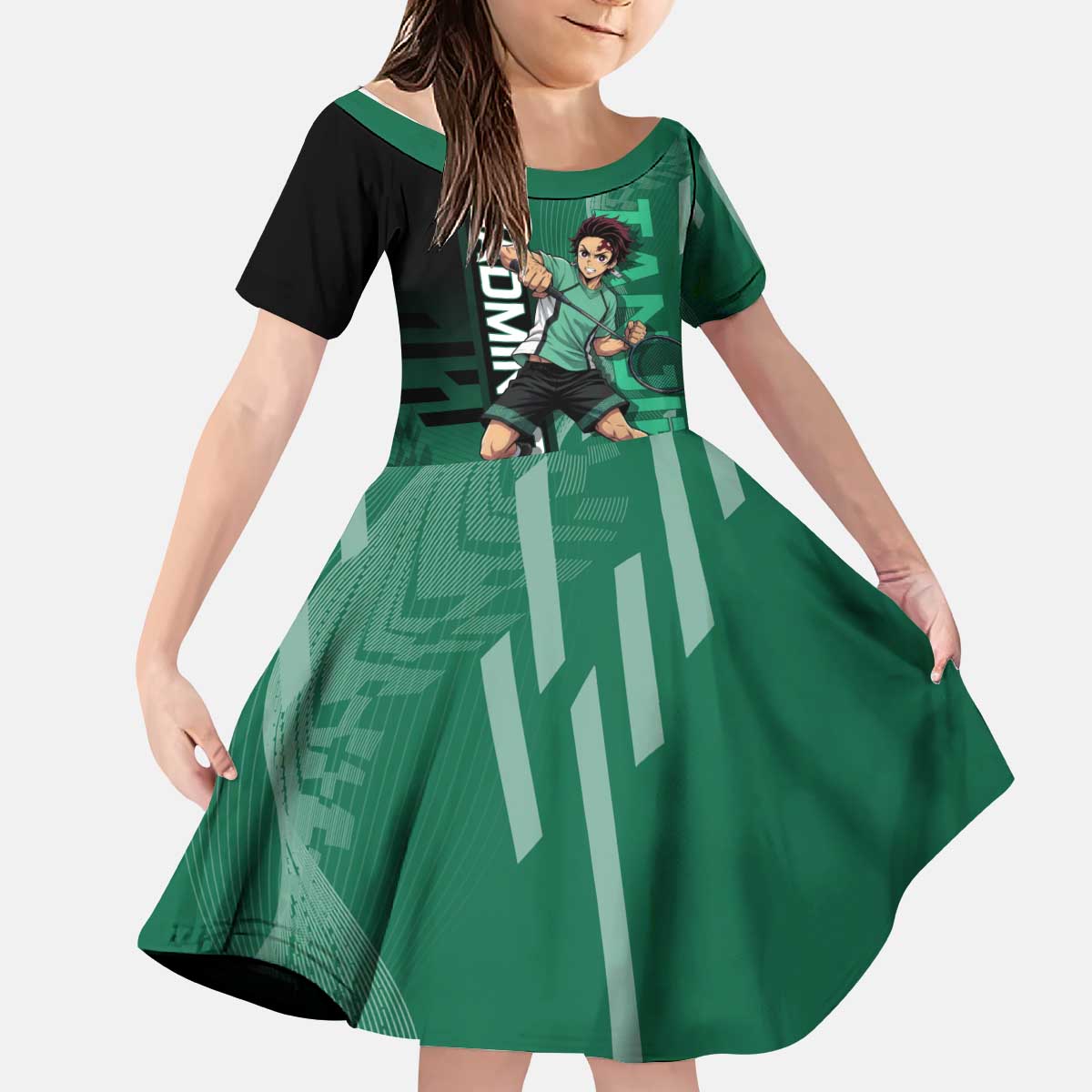 Personalized Tanjiro Badminton Green Action Pose Kid Short Sleeve Dress Dynamic Sports Design - The Mazicc