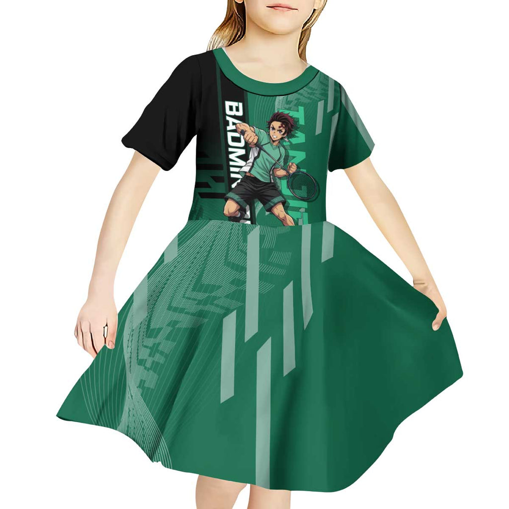 Personalized Tanjiro Badminton Green Action Pose Kid Short Sleeve Dress Dynamic Sports Design - The Mazicc