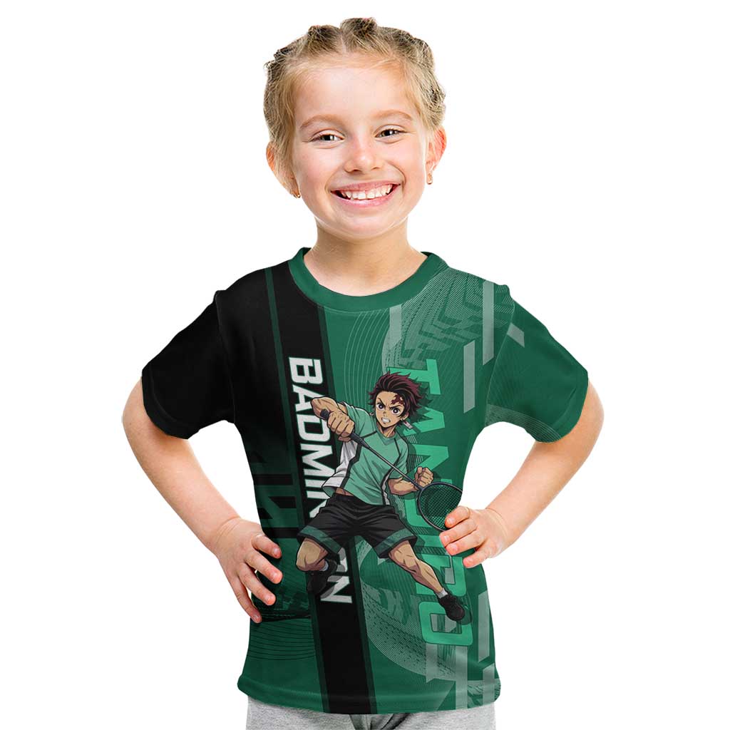 Personalized Tanjiro Badminton Green Action Pose Kid T Shirt Dynamic Sports Design - The Mazicc