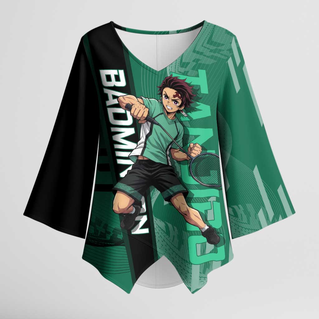 Personalized Tanjiro Badminton Green Action Pose Kimono Sleeve Blouse Dynamic Sports Design - The Mazicc