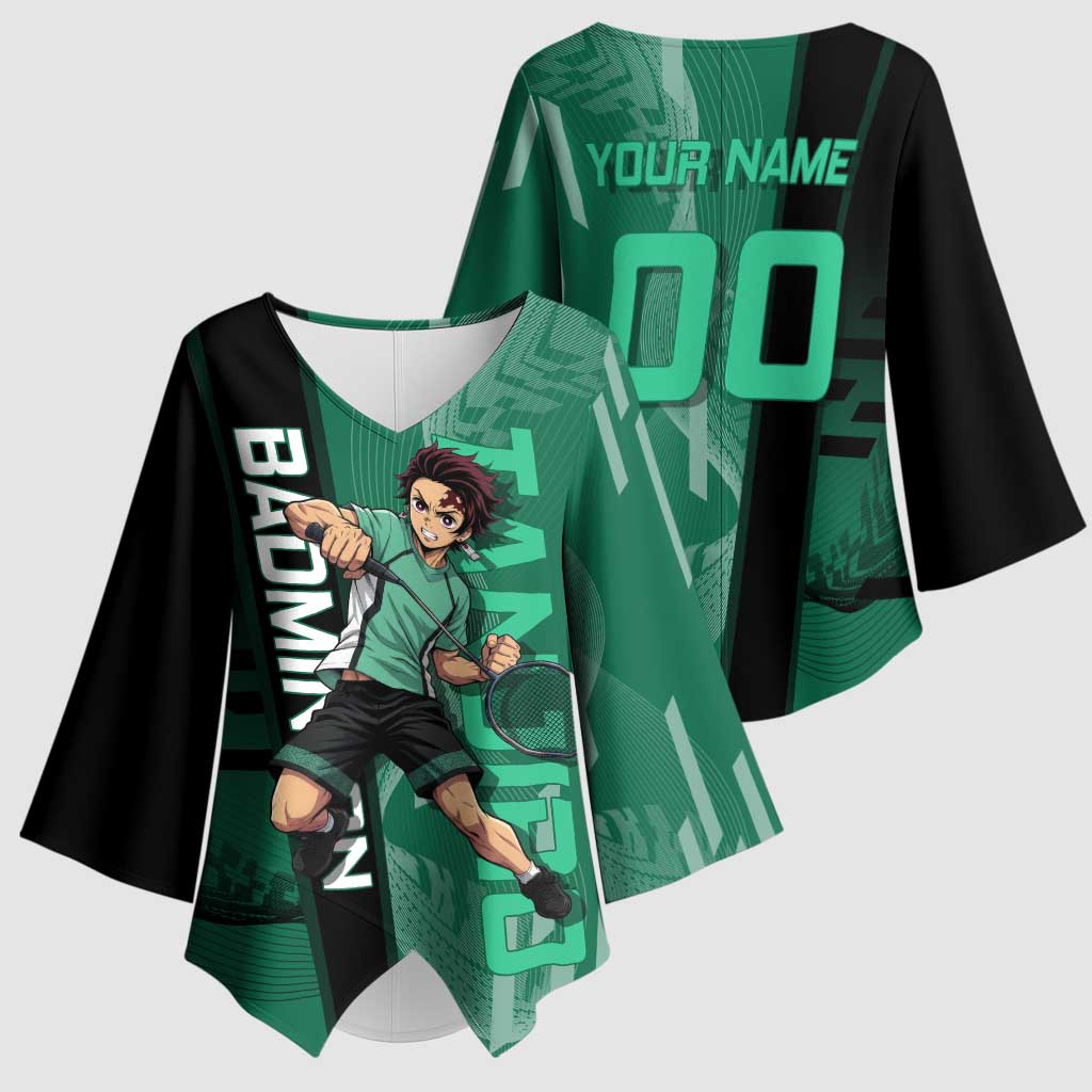 Personalized Tanjiro Badminton Green Action Pose Kimono Sleeve Blouse Dynamic Sports Design - The Mazicc