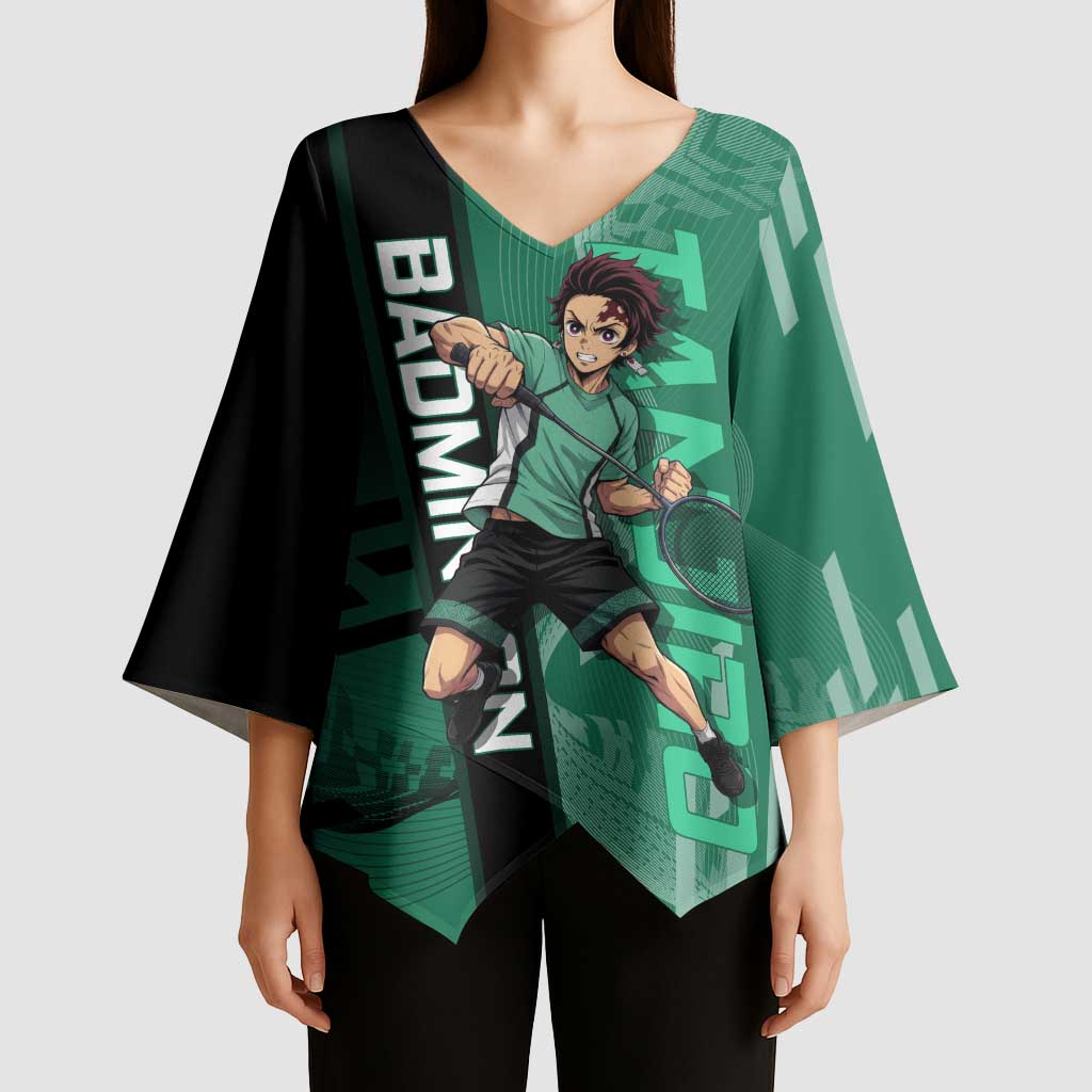 Personalized Tanjiro Badminton Green Action Pose Kimono Sleeve Blouse Dynamic Sports Design - The Mazicc