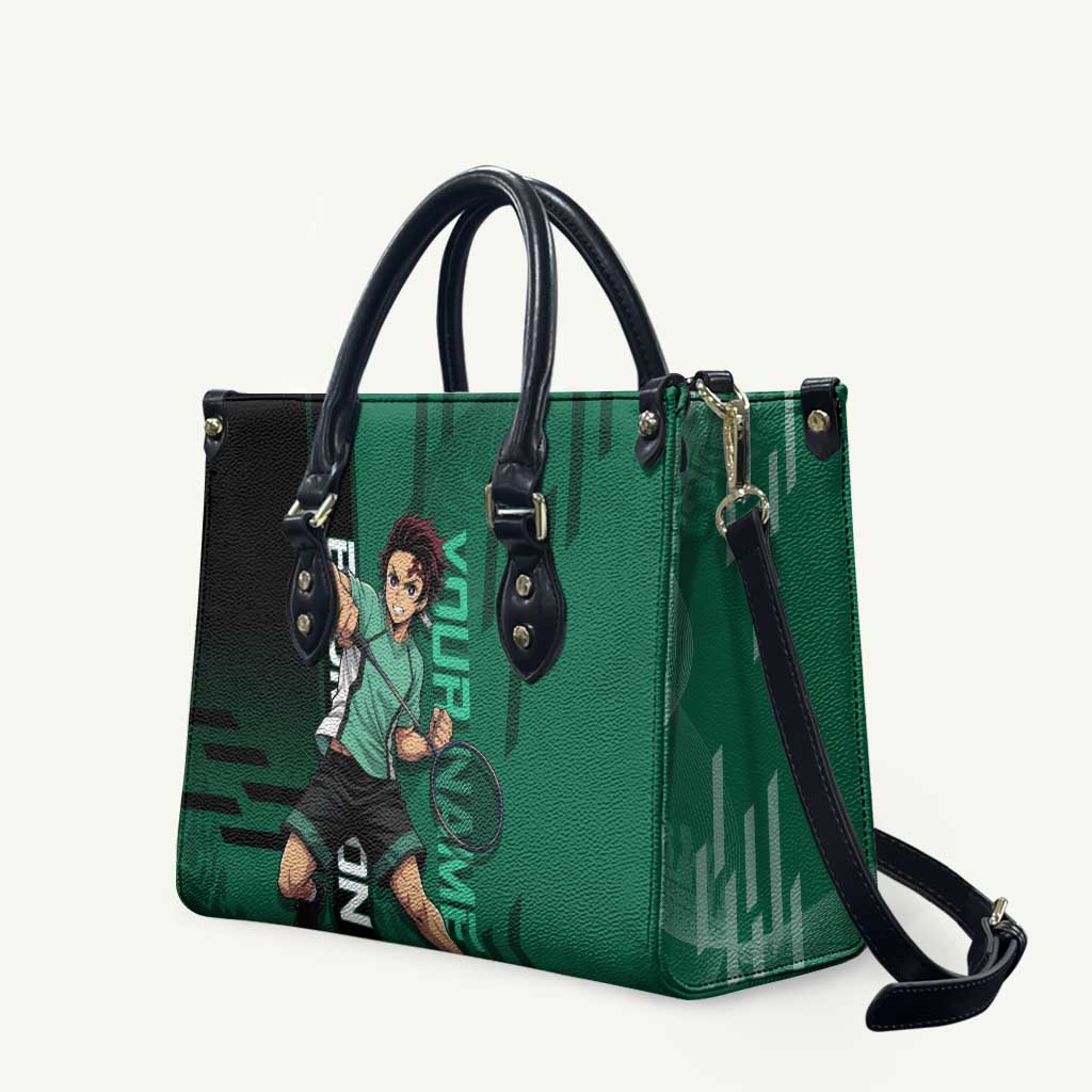 Personalized Tanjiro Badminton Green Action Pose Leather Bag Dynamic Sports Design - The Mazicc