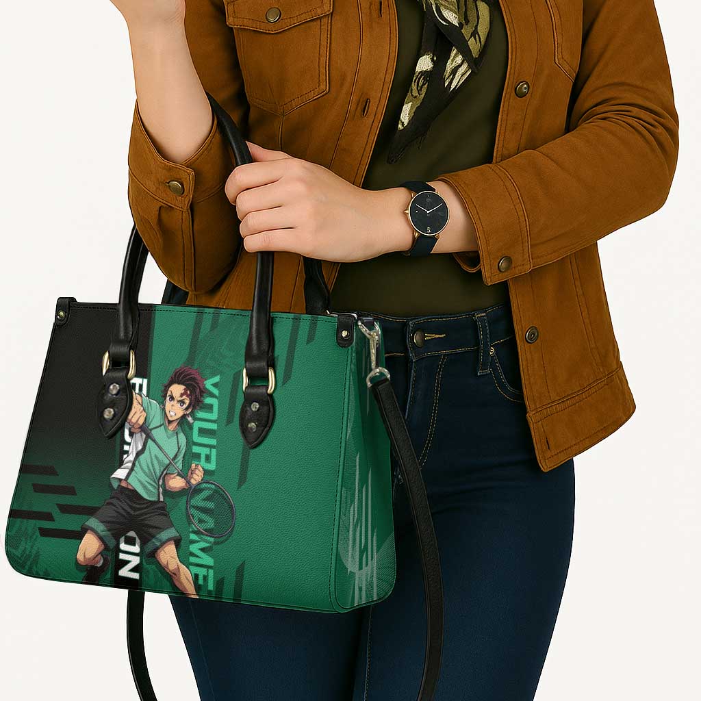 Personalized Tanjiro Badminton Green Action Pose Leather Bag Dynamic Sports Design - The Mazicc