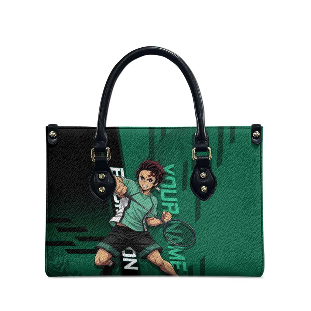 Personalized Tanjiro Badminton Green Action Pose Leather Bag Dynamic Sports Design - The Mazicc