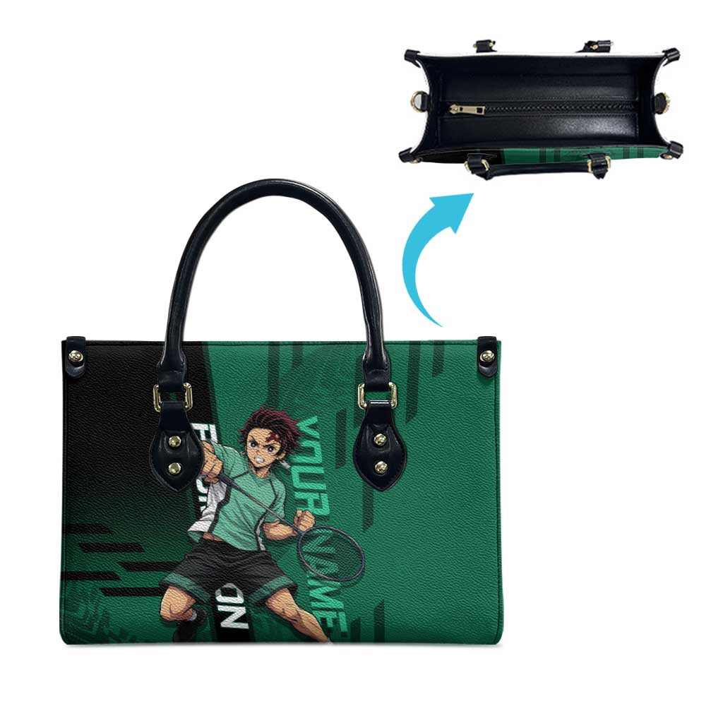 Personalized Tanjiro Badminton Green Action Pose Leather Bag Dynamic Sports Design - The Mazicc