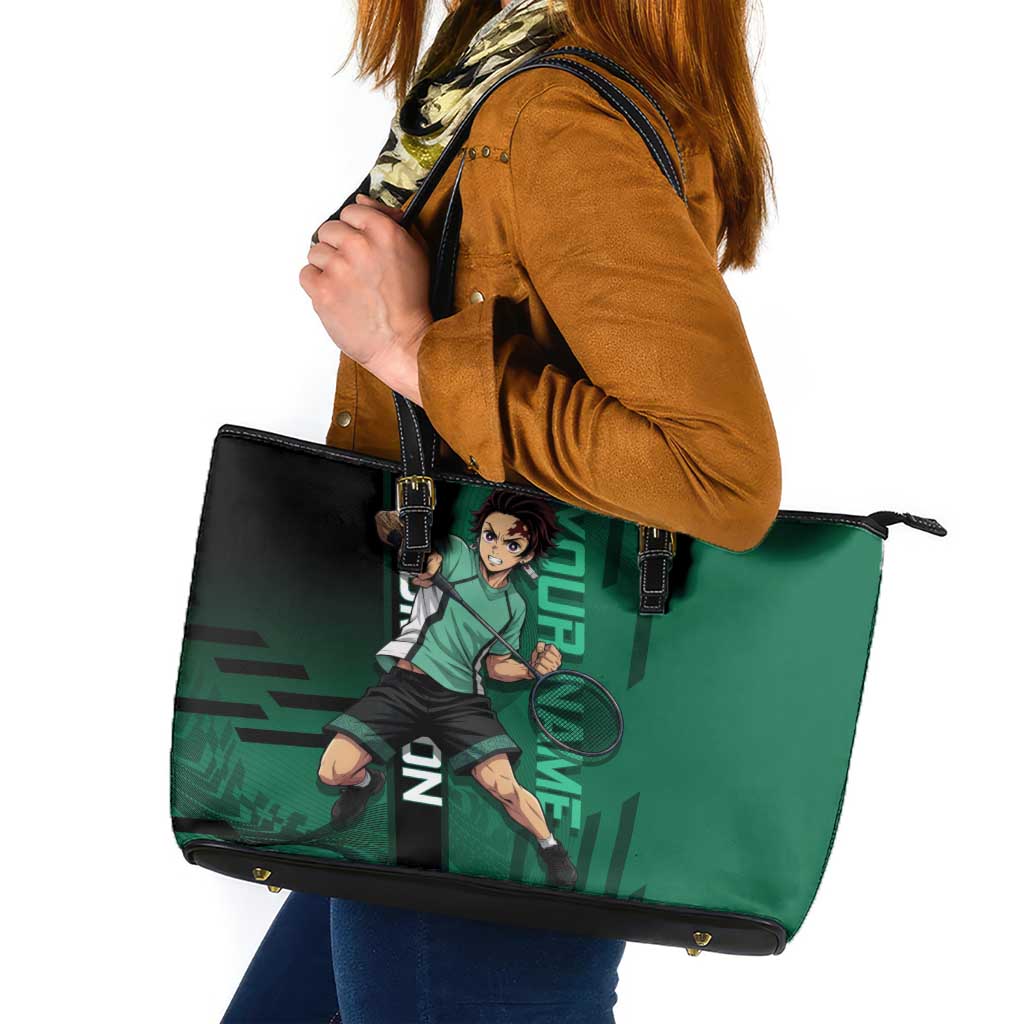Personalized Tanjiro Badminton Green Action Pose Leather Tote Bag Dynamic Sports Design - The Mazicc