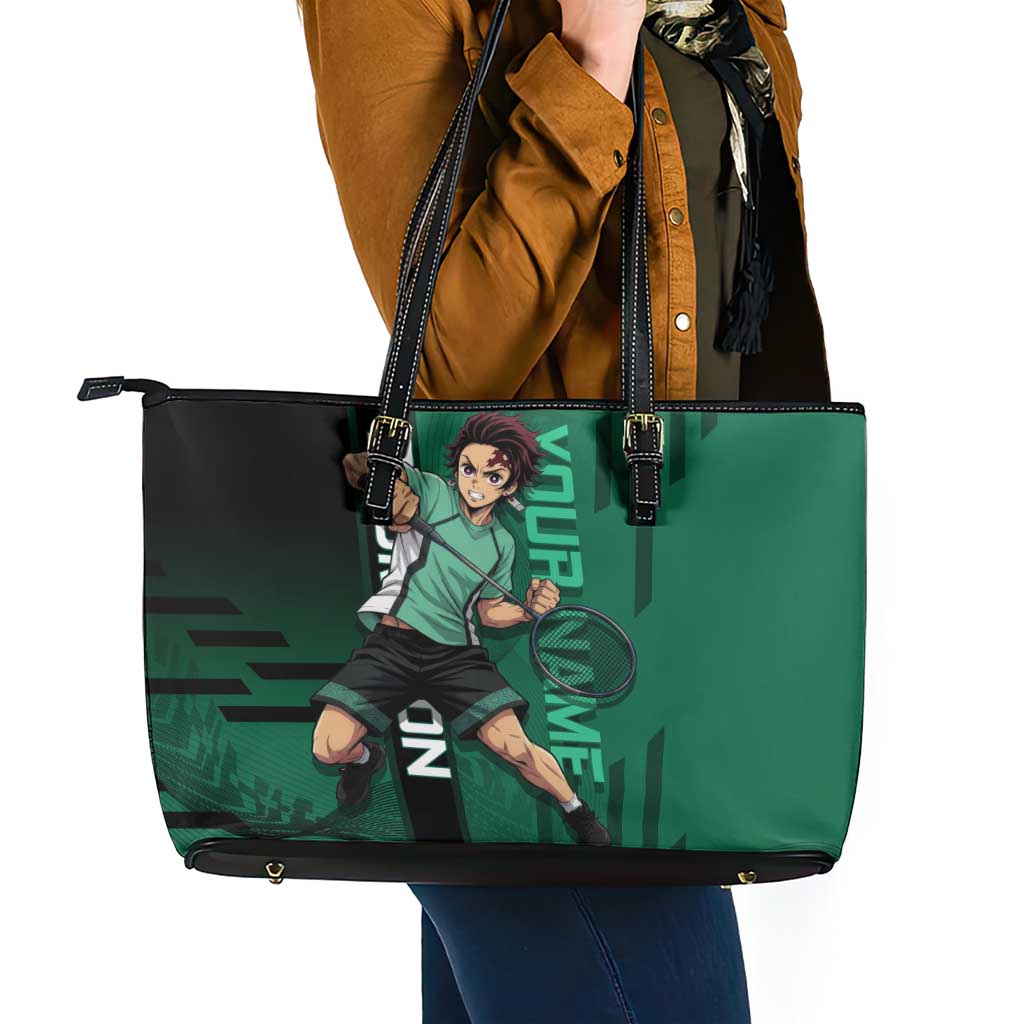 Personalized Tanjiro Badminton Green Action Pose Leather Tote Bag Dynamic Sports Design - The Mazicc