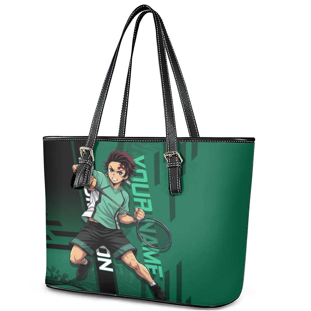 Personalized Tanjiro Badminton Green Action Pose Leather Tote Bag Dynamic Sports Design - The Mazicc