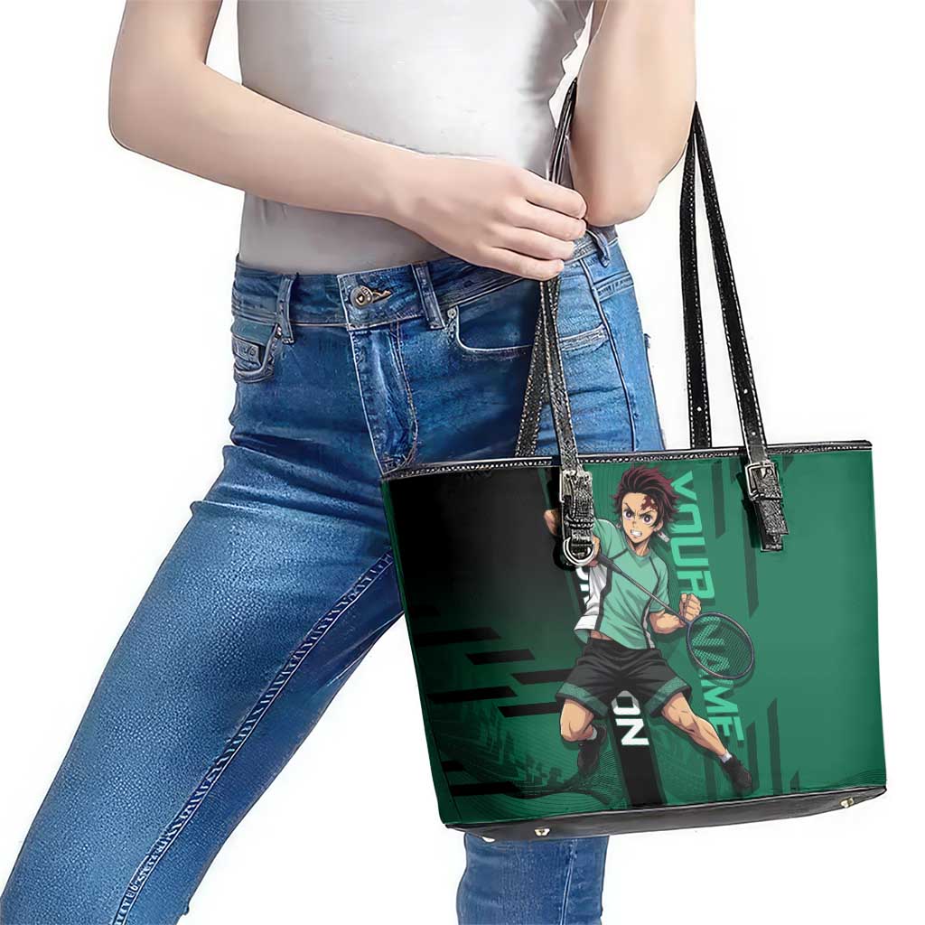 Personalized Tanjiro Badminton Green Action Pose Leather Tote Bag Dynamic Sports Design - The Mazicc