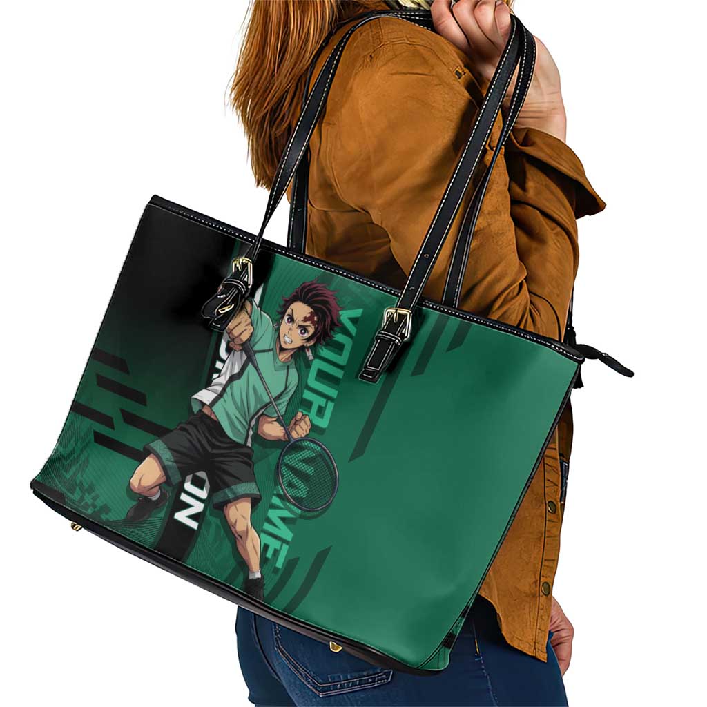 Personalized Tanjiro Badminton Green Action Pose Leather Tote Bag Dynamic Sports Design - The Mazicc
