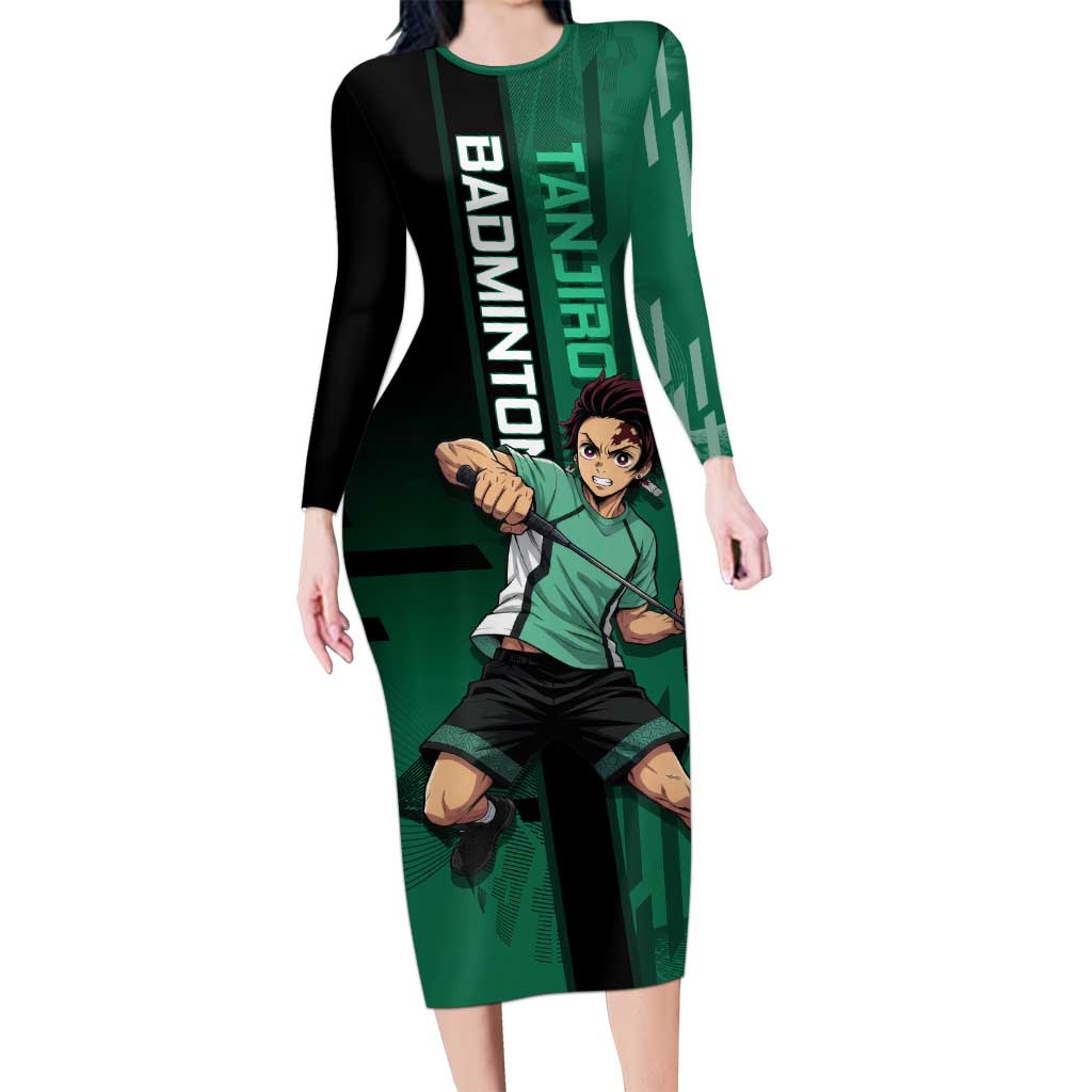 Personalized Tanjiro Badminton Green Action Pose Long Sleeve Bodycon Dress Dynamic Sports Design - The Mazicc