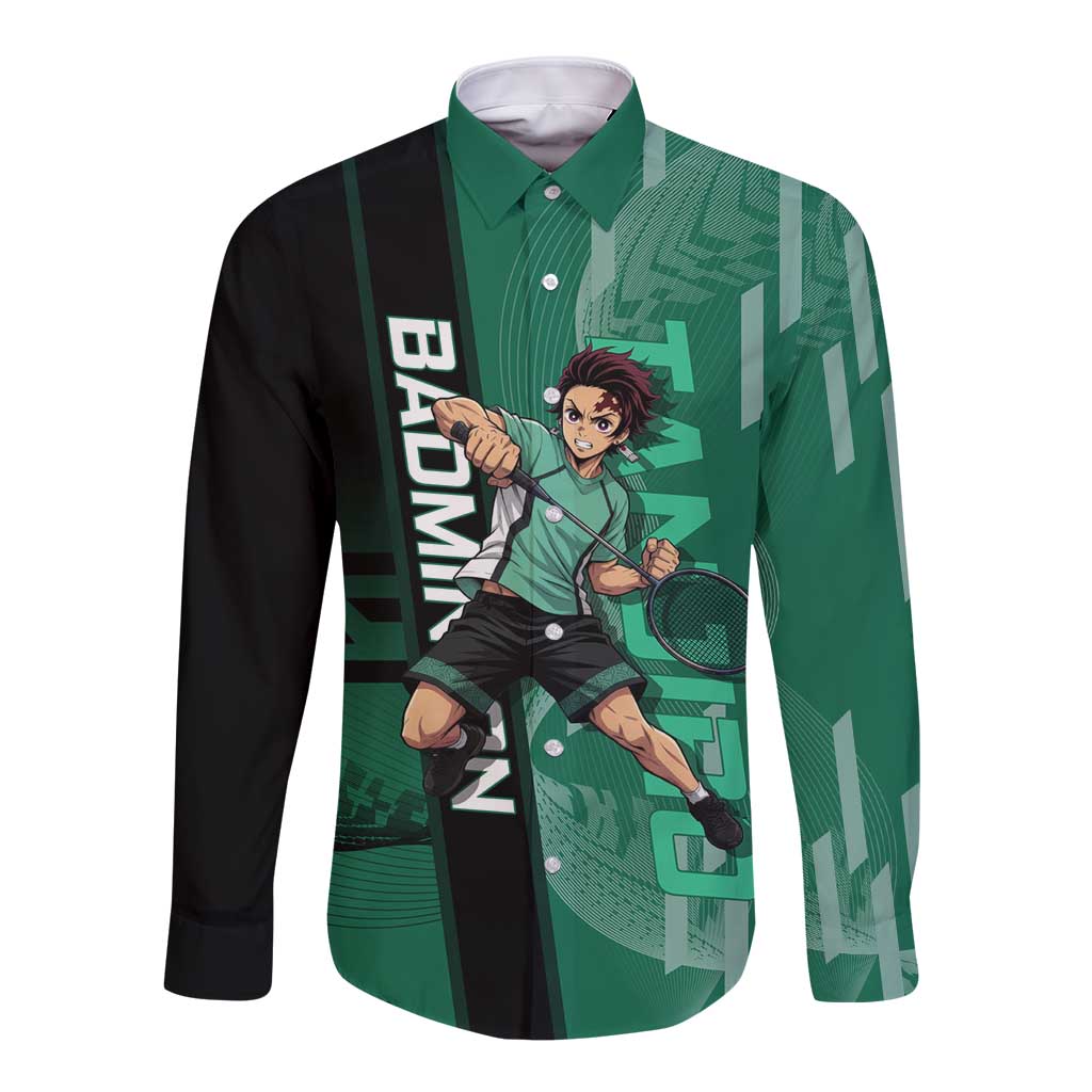 Personalized Tanjiro Badminton Green Action Pose Long Sleeve Button Shirt Dynamic Sports Design - The Mazicc