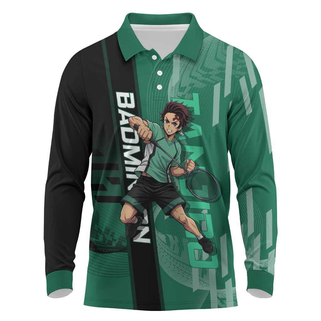 Personalized Tanjiro Badminton Green Action Pose Long Sleeve Polo Shirt Dynamic Sports Design - The Mazicc