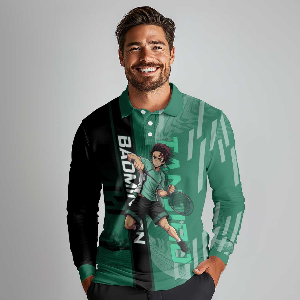 Personalized Tanjiro Badminton Green Action Pose Long Sleeve Polo Shirt Dynamic Sports Design - The Mazicc