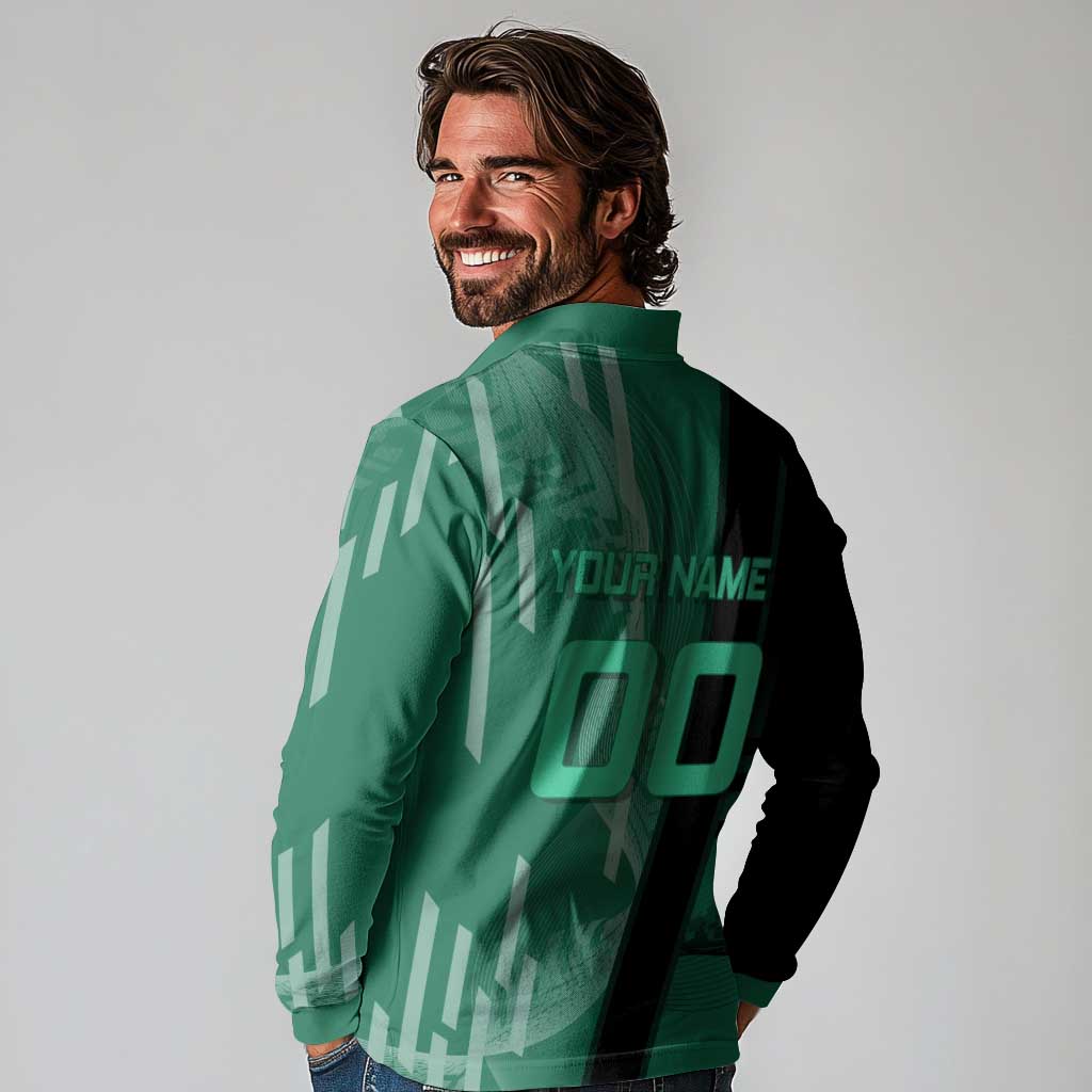 Personalized Tanjiro Badminton Green Action Pose Long Sleeve Polo Shirt Dynamic Sports Design - The Mazicc