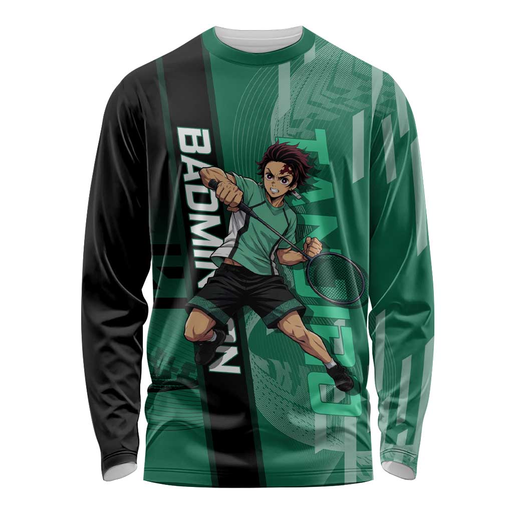 Personalized Tanjiro Badminton Green Action Pose Long Sleeve Shirt Dynamic Sports Design - The Mazicc
