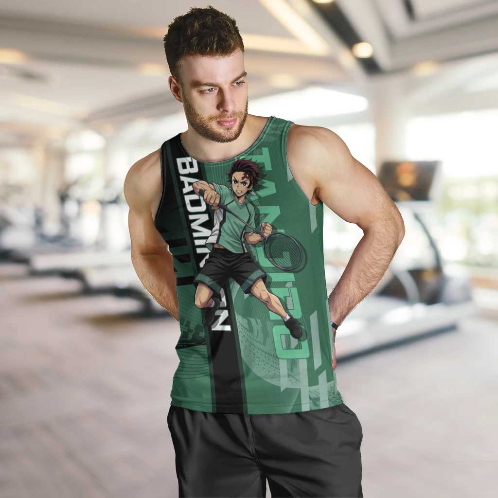 Personalized Tanjiro Badminton Green Action Pose Men Tank Top Dynamic Sports Design - The Mazicc